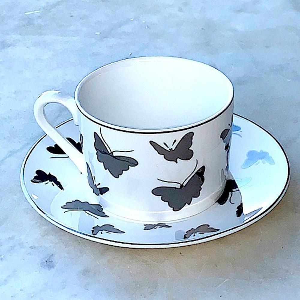 GRACES TEAWARE SILVER METALLIC BUTTERFLY’S FLAT CUP SAUCER SET NEW PORCELAIN